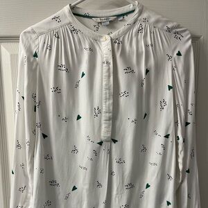 Boden White Blouse with Green and Black Hearts & Dots
